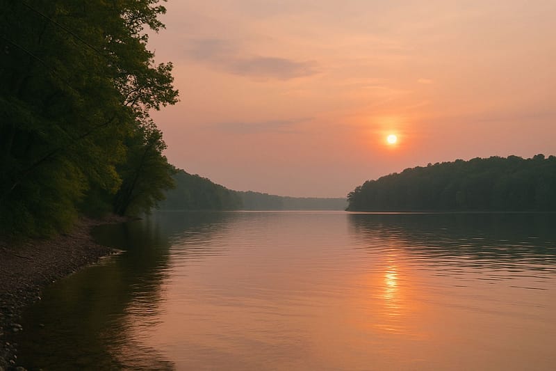 A calm, scenic view over a lake at sunset.