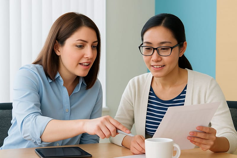 Two professional women sit at a desk in an office, reviewing a document together and engaged in discussion.