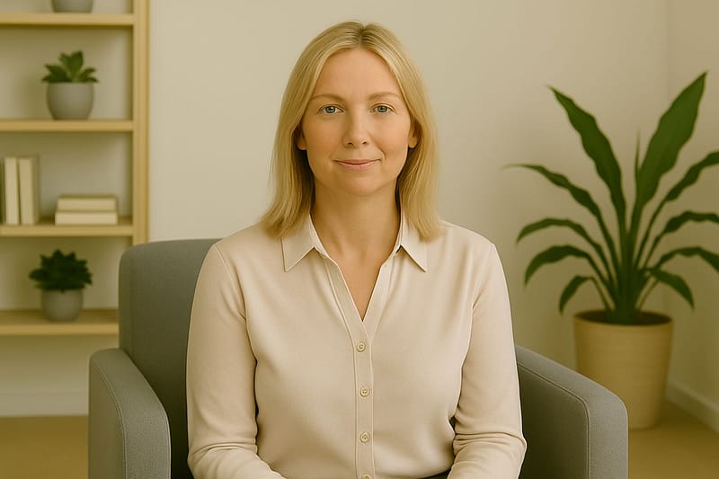 A smiling woman with blonde hair, sitting in an armchair in a modern office.