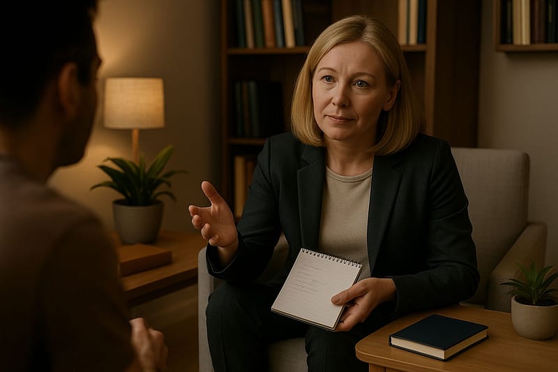 A coaching psychologist, holding a notebook and gesturing with her hand, in conversation with a client