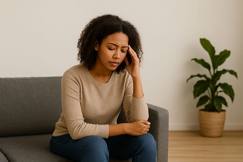 A woman with her hand placed on her head, deep in thought.