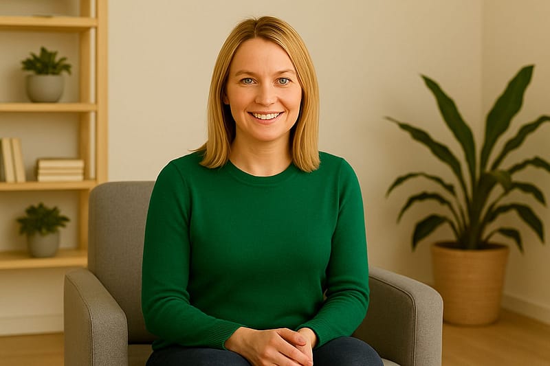 A smiling woman with blonde hair in a green jumper sits in a grey armchair in a cozy room with plants and bookshelves.