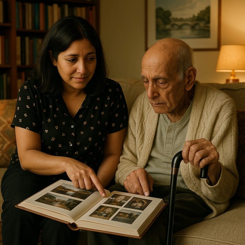 Elderly man and daughter sat in a cosy living room looking at a photo album together. She cares for him.