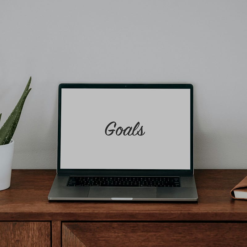 An open laptop with the word 'Goals' on its screen, sat on top of a wooden sideboard with a plant and book either side of it.