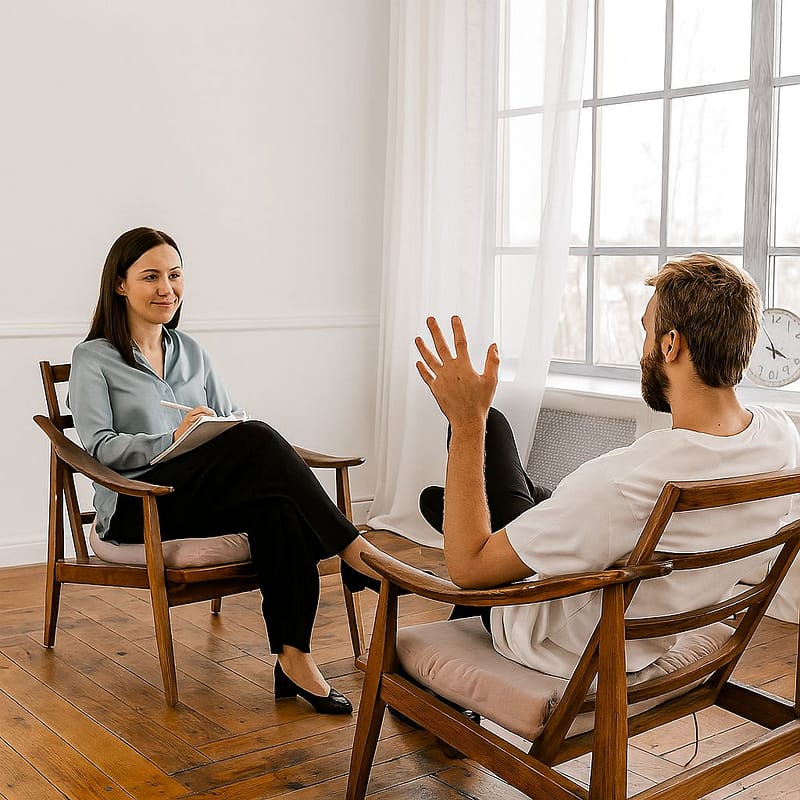 A psychologist sitting in a bright, open room, listening intently to a client and taking notes.