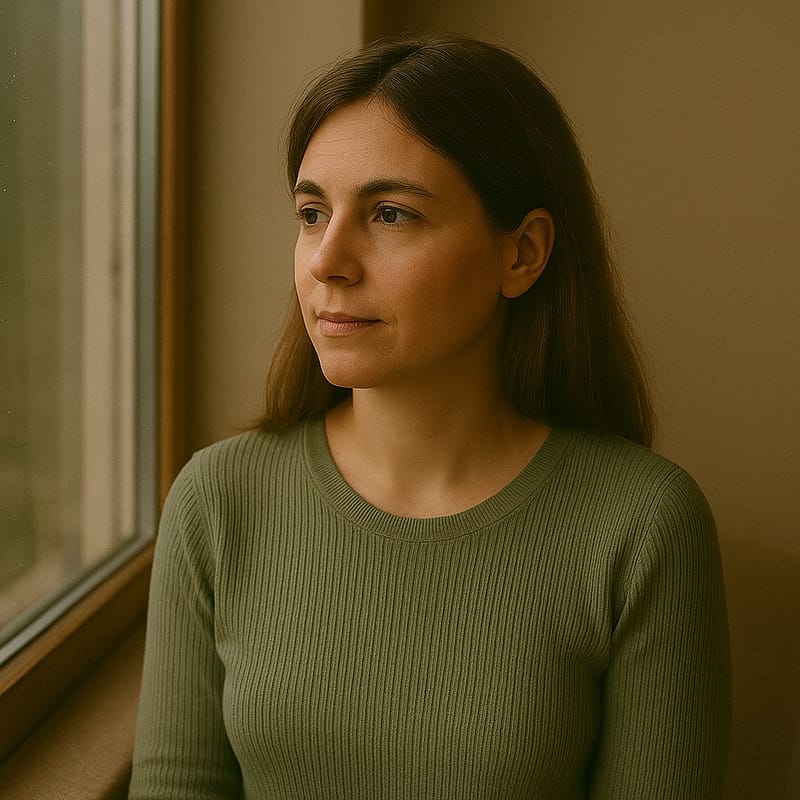 A woman with long brown hair and a sage green ribbed jumper sits beside a window, gazing out thoughtfully. Soft natural light illuminates her face, highlighting her calm, introspective expression against a warm beige background.