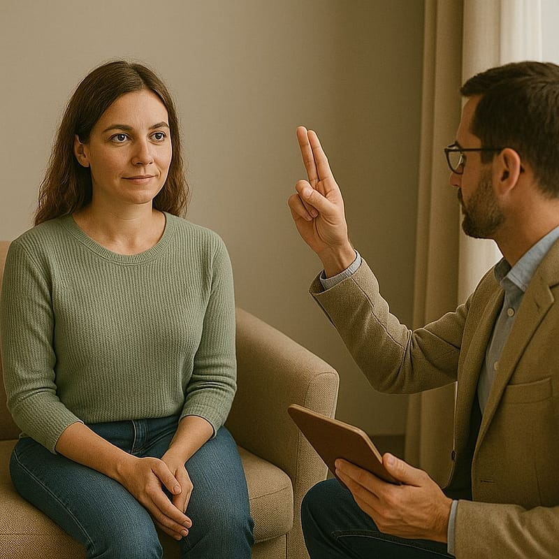 A woman sits calmly in an armchair, attentively following the two raised fingers of a male therapist seated opposite her. The therapist holds a notebook in his other hand, guiding her through an EMDR therapy session in a softly lit, neutral-toned room.